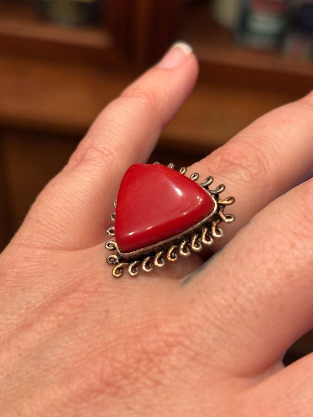 Trillion Cut Red Coral Statement Ring in 925 Sterling Silver